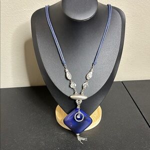 Chicos Long Boho Silver & Blue Leather Beaded Necklace